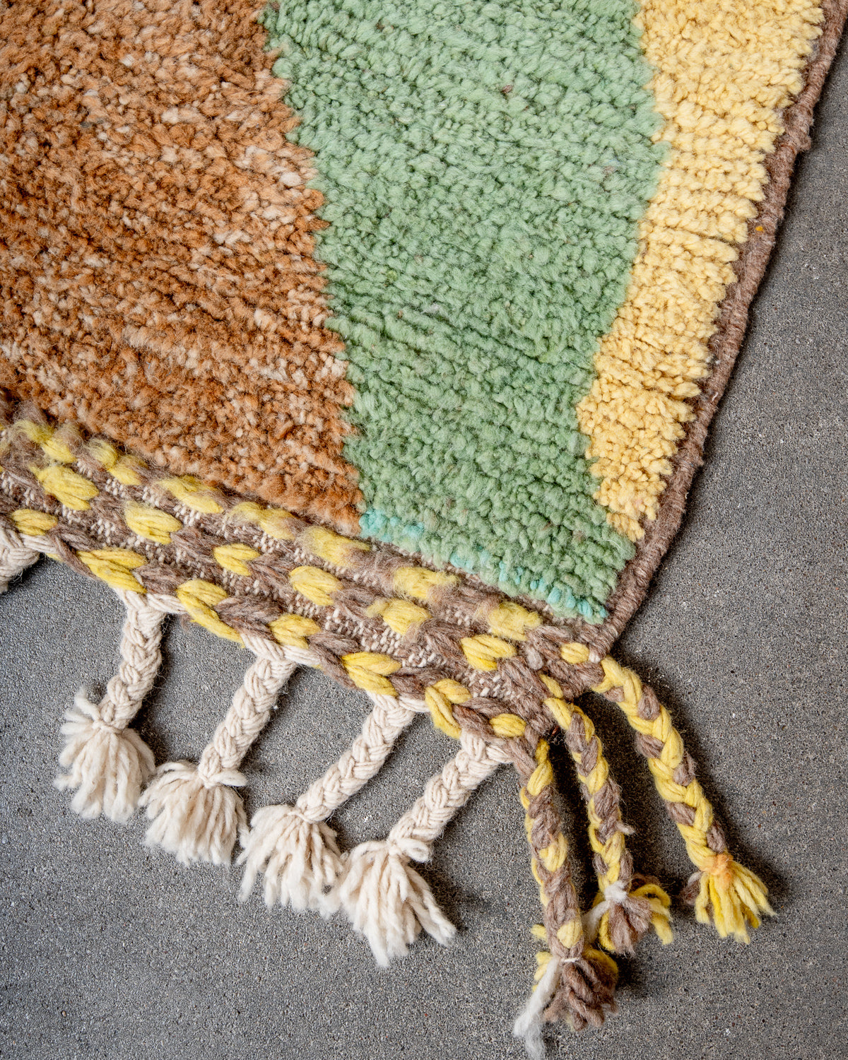 Modern, designer, handcrafted Berber rug from Morocco. Beniourain carpet with beautiful colours and patterns and fluffy wool texture.